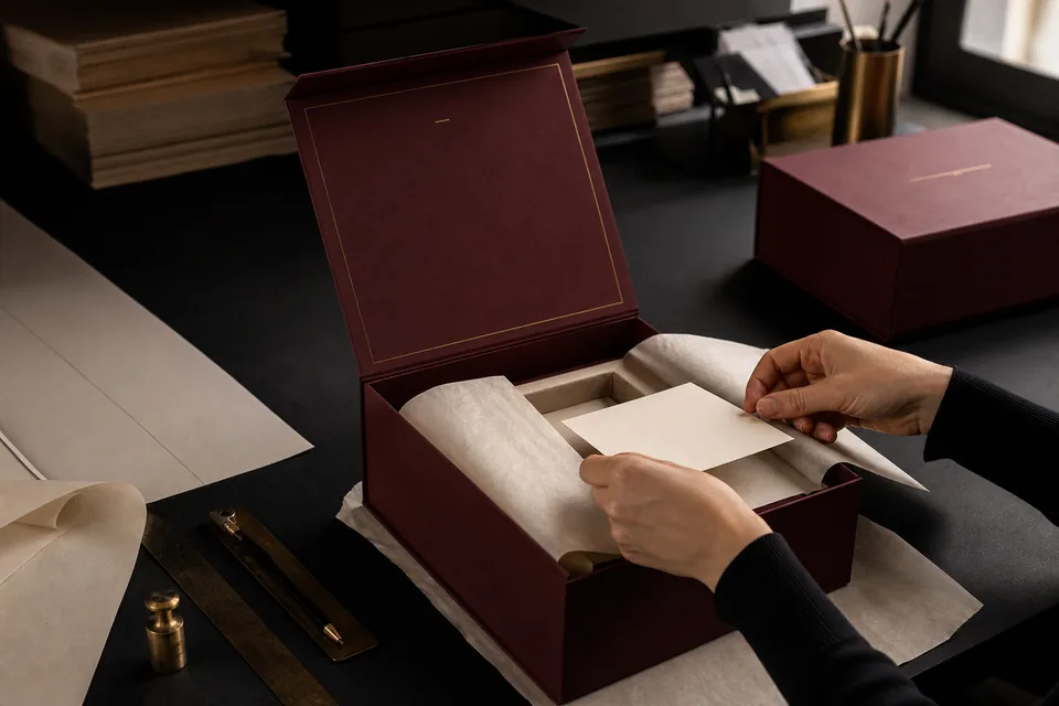 Illustrative packaging direction study — oxblood box with brass accents