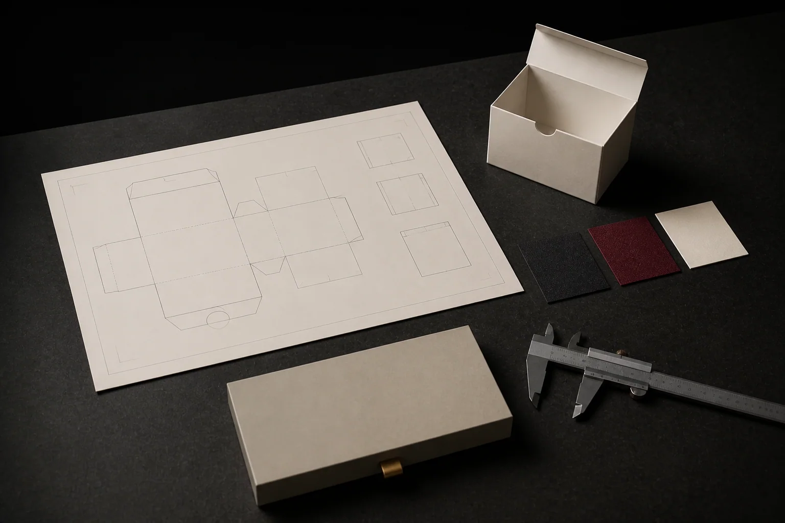 Illustrative packaging briefing table with blank construction drawing, unbranded carton mockup, caliper and material samples