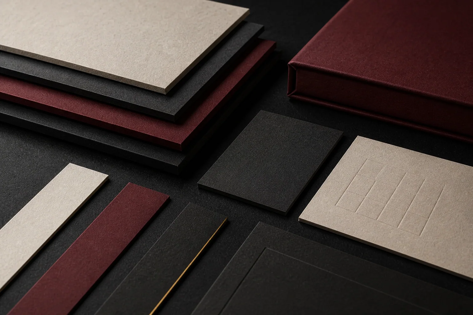 Illustrative archive of ivory, graphite and oxblood paperboard specimens with blind embossing and a fine brass edge